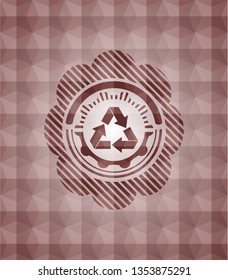 recycle icon inside red seamless badge with geometric background.