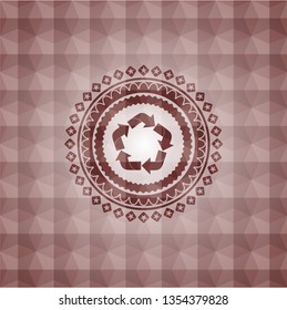 recycle icon inside red seamless badge with geometric pattern.