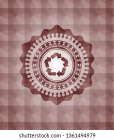 recycle icon inside red seamless badge with geometric pattern background.