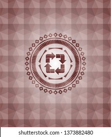 recycle icon inside red seamless badge with geometric background.