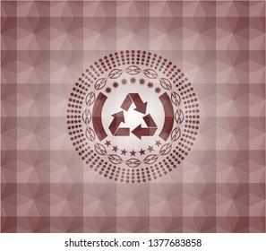 recycle icon inside red seamless geometric emblem.