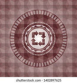 recycle icon inside red seamless emblem with geometric pattern background.