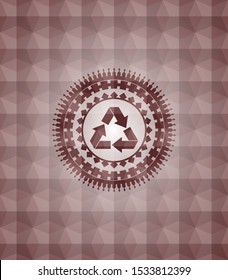 recycle icon inside red seamless emblem or badge with abstract geometric polygonal pattern background.