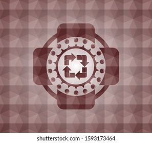 recycle icon inside red seamless geometric pattern emblem. Seamless.