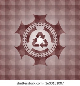 recycle icon inside red seamless geometric pattern emblem. Seamless.