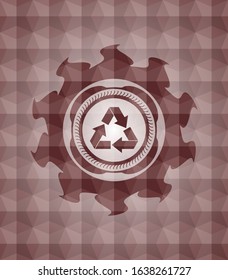 recycle icon inside red seamless emblem or badge with abstract geometric pattern background.