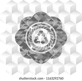 recycle icon inside retro style grey emblem with geometric cube white background