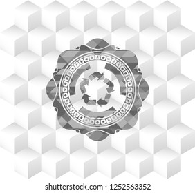 recycle icon inside retro style grey emblem with geometric cube white background