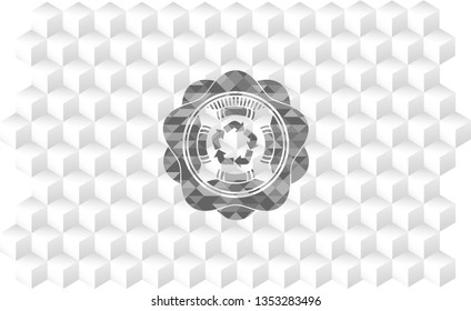 recycle icon inside retro style grey emblem with geometric cube white background