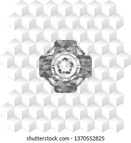 recycle icon inside retro style grey emblem with geometric cube white background