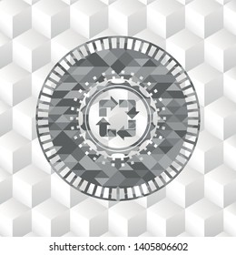 recycle icon inside retro style grey emblem with geometric cube white background