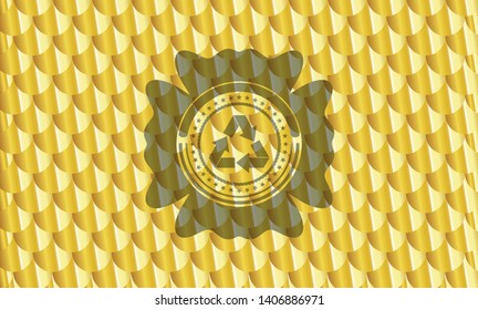 recycle icon inside shiny golden emblem. Scales pattern. Vector Illustration. Detailed.