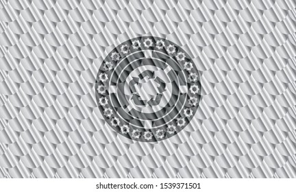 recycle icon inside silver shiny emblem. Scales pattern. Vector Illustration. Detailed.
