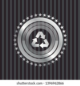 recycle icon inside silvery emblem or badge