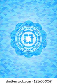recycle icon inside sky blue emblem with triangle mosaic background