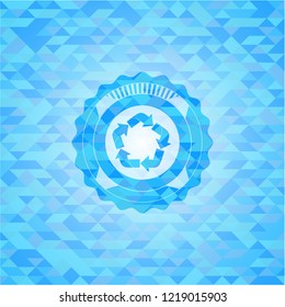 recycle icon inside sky blue emblem with mosaic background