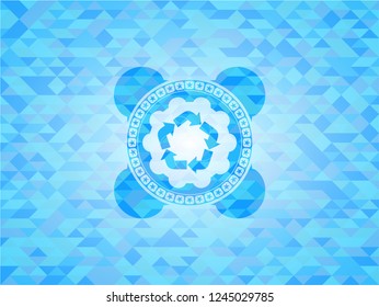 recycle icon inside sky blue emblem. Mosaic background