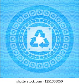 recycle icon inside sky blue water style badge.