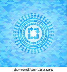 recycle icon inside sky blue emblem with mosaic ecological style background