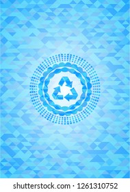 recycle icon inside sky blue emblem with mosaic background