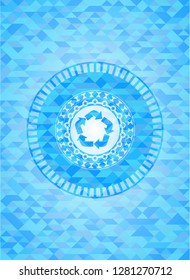 recycle icon inside sky blue emblem with triangle mosaic background