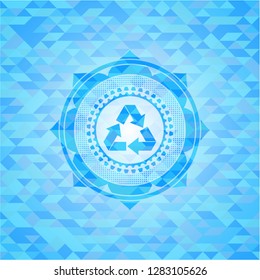 recycle icon inside sky blue emblem. Mosaic background