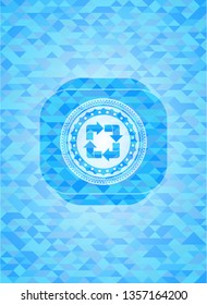 recycle icon inside sky blue emblem. Mosaic background