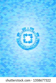 recycle icon inside sky blue emblem with mosaic ecological style background