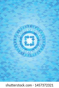recycle icon inside sky blue mosaic emblem