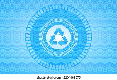 recycle icon inside sky blue water badge background. 