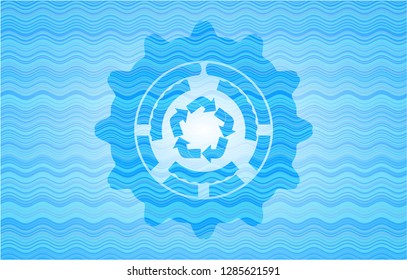 recycle icon inside water wave badge background.