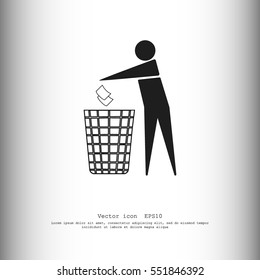 Recycle icon, man throwing trash into dust bin vector