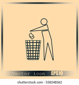 Recycle icon, man throwing trash into dust bin vector