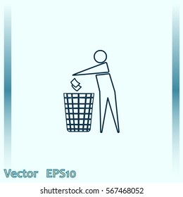 Recycle icon, man throwing trash into dust bin vector