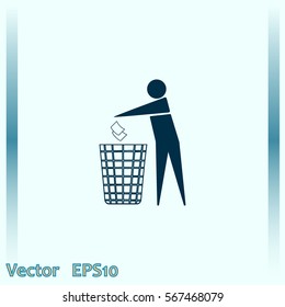 Recycle icon, man throwing trash into dust bin vector