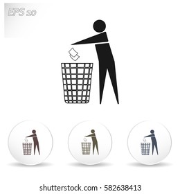 Recycle icon, man throwing trash into dust bin vector