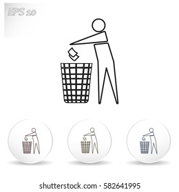Recycle icon, man throwing trash into dust bin vector
