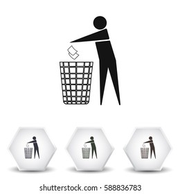 Recycle icon, man throwing trash into dust bin vector