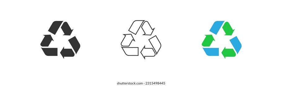 Recycle icon on light background. Reusable symbol. Eco, organic, trash, recycling, green product, package productions. Outline, flat and colored style. Flat design. Vector illustration.