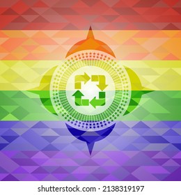 recycle icon on mosaic background with the colors of the LGBT flag. 
