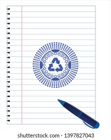 recycle icon pen draw. Blue ink. Vector Illustration. Detailed.