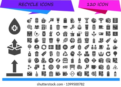 recycle icon set. 120 filled recycle icons.  Simple modern icons about  - Water, Side up, Package, Eco friendly, Can, Coffee cup, Cup, Garbage, Trash, Fragile, Geothermal, Global warming