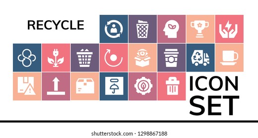  recycle icon set. 19 filled recycle icons. Simple modern icons about  - Rotate, Sync, Package, Side up, Fragile, Green energy, Trash, Waste, Coffee cup, Eco, Cup, Trash can, Save energy