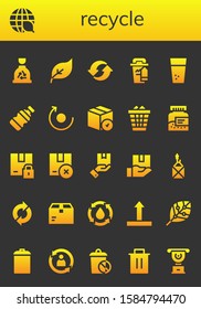 recycle icon set. 26 filled recycle icons.  Collection Of - Garbage, Ecology, Green energy, Recycle, Coffee cup, Water, Bottle, Rotate, Package, Waste, Sync, Side up, Renewable energy icons