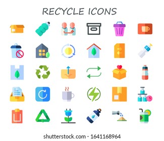recycle icon set. 30 flat recycle icons.  Simple modern icons such as: package, plastic bottle, change, trash, coffee cup, eco house, reuse, water bottle, plastic, recycle sign