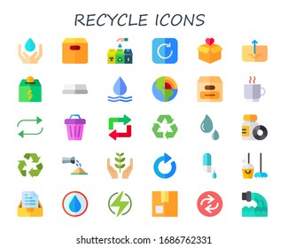 conjunto de iconos de reciclaje. 30 iconos de reciclaje planos.  Iconos modernos sencillos, como: agua, paquete, papelera de reciclaje, refresco, salida, geotérmica, taza de café, repetición, basura, botellas, signo