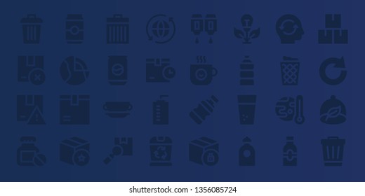 recycle icon set. 32 filled recycle icons. on blue background style Simple modern icons about  - Trash, Package, Bottle, Can, Geothermal, Cup, Sync, Water bottle, Cartridge, Coffee cup