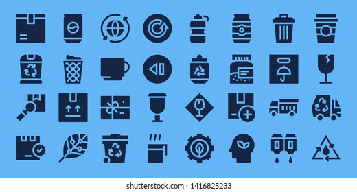 recycle icon set. 32 filled recycle icons. on blue background style Collection Of - Package, Trash, Can, Trash can, Renewable energy, Sync, Cup, Refresh, Skip, Bottle, Fragile