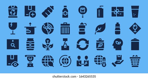 recycle icon set. 32 filled recycle icons. Included Trash, Fragile, Package, Can, Cup, Plastic bottle, Geothermal, Green energy, Ecology, Bottle, Sync, Refresh, Change, Water bottle icons