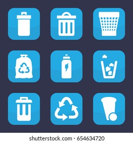 Recycle icon. set of 9 filled recycle icons such as trash bin, recycle, trash bag, delete trash bin, bin